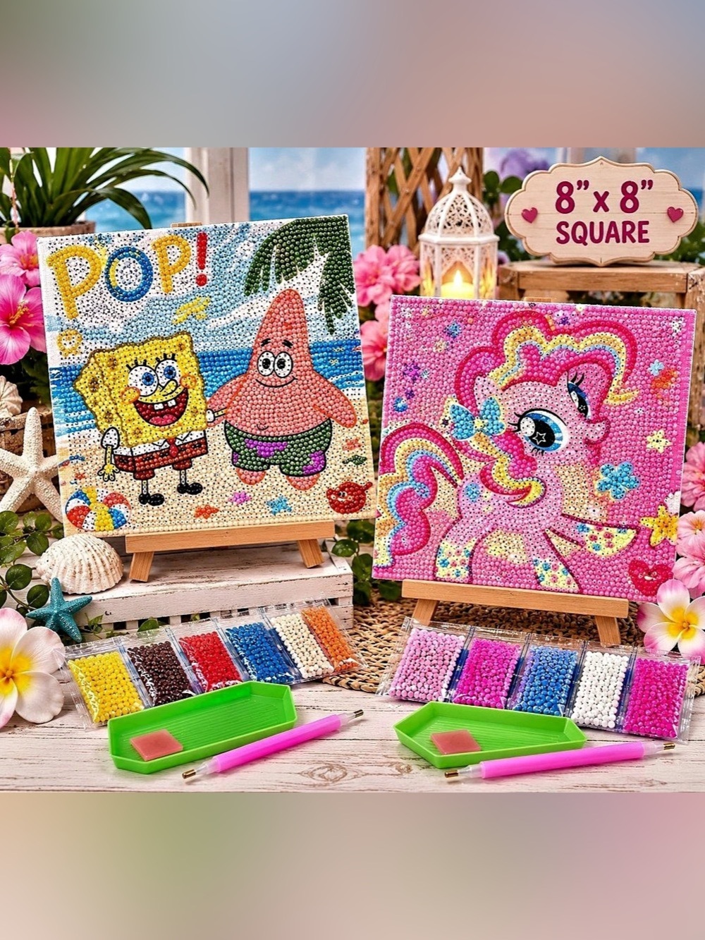 Bundle of 8”x8” Diamond Art Kits Sponge Bob & My Little Pony Rainbow DIY New